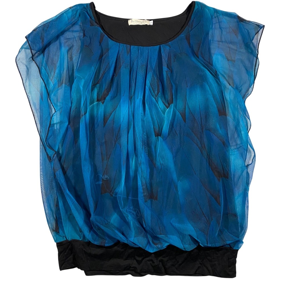 BaiShengGT Blouse Women Large Blue Feather Mesh Overlay Pleated Banded Hem Top